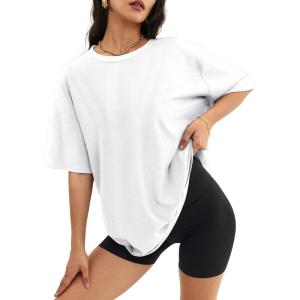 imageATHMILE Womens Oversized T Shirts Loose Fit Crewneck Short Sleeve Tops Summer Casual Blouse Y2K 2026 Basic Tee BeachWhite