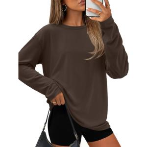 imageATHMILE Womens Oversized T Shirts Loose Fit Crewneck Short Sleeve Tops Summer Casual Blouse Y2K 2026 Basic Tee BeachZbrown