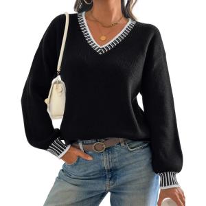 imageATHMILE Womens Sweaters V Neck Long Sleeve Contrast Knit Casual Pullover Fall Winter Outfits Cute Tops 2026Black