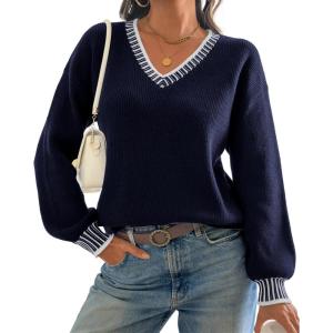 imageATHMILE Womens Sweaters V Neck Long Sleeve Contrast Knit Casual Pullover Fall Winter Outfits Cute Tops 2026Navy Blue