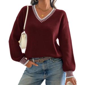 imageATHMILE Womens Sweaters V Neck Long Sleeve Contrast Knit Casual Pullover Fall Winter Outfits Cute Tops 2026Wine Red