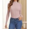 imageATHMILE Womens 2026 Fall Long Sleeve Pullover Ribbed Knit Sweater Low Mock Neck Slim Fit Basic Casual Tee TopsPink