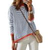 imageATHMILE Womens 2025 Long Sleeve Tops Sweaters Casual Crewneck Striped Color Block Drop Shoulder Cotton Pullover ShirtsGreybluered