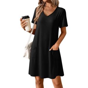 imageATHMILE Dresses for Women 2026 V Neck Short Sleeve Casual T Shirt Dress Sundresses Swimsuit Coverup with PocketsBlack