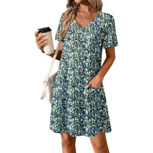 imageATHMILE Dresses for Women 2026 V Neck Short Sleeve Casual T Shirt Dress Sundresses Swimsuit Coverup with PocketsBlue Flowers