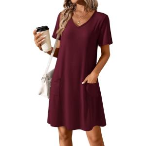 imageATHMILE Dresses for Women 2026 V Neck Short Sleeve Casual T Shirt Dress Sundresses Swimsuit Coverup with PocketsBurgundy