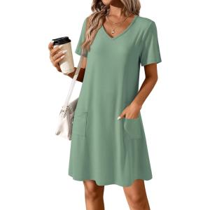 imageATHMILE Dresses for Women 2026 V Neck Short Sleeve Casual T Shirt Dress Sundresses Swimsuit Coverup with PocketsGreen