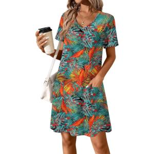 imageATHMILE Dresses for Women 2026 V Neck Short Sleeve Casual T Shirt Dress Sundresses Swimsuit Coverup with PocketsMaple Leaves