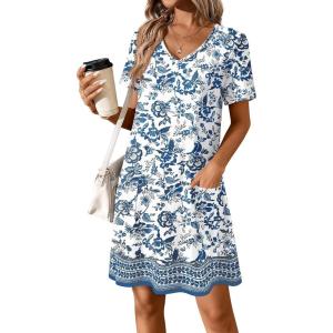 imageATHMILE Dresses for Women 2026 V Neck Short Sleeve Casual T Shirt Dress Sundresses Swimsuit Coverup with PocketsPrintblue