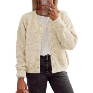 imageATHMILE Fall Long Sleeve Cardigans for Women Sweater Fashion Open Front Winter Button Down Crewneck Soft Knit Jacket 2025Apricot