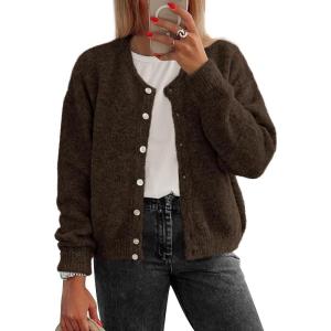 imageATHMILE Fall Long Sleeve Cardigans for Women Sweater Fashion Open Front Winter Button Down Crewneck Soft Knit Jacket 2025Chocolate Brown