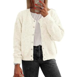 imageATHMILE Fall Long Sleeve Cardigans for Women Sweater Fashion Open Front Winter Button Down Crewneck Soft Knit Jacket 2025Cream White