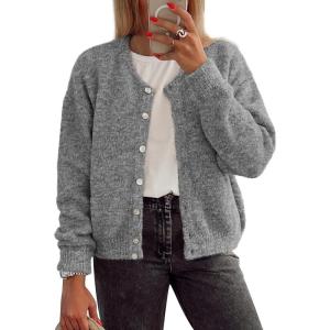 imageATHMILE Fall Long Sleeve Cardigans for Women Sweater Fashion Open Front Winter Button Down Crewneck Soft Knit Jacket 2025Grey