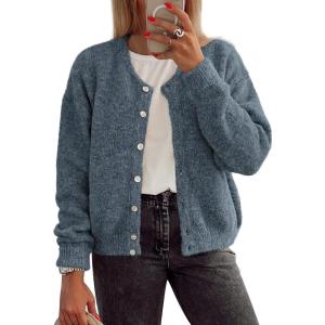 imageATHMILE Fall Long Sleeve Cardigans for Women Sweater Fashion Open Front Winter Button Down Crewneck Soft Knit Jacket 2025Grey Blue