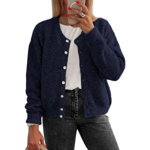 imageATHMILE Fall Long Sleeve Cardigans for Women Sweater Fashion Open Front Winter Button Down Crewneck Soft Knit Jacket 2025Navy Blue