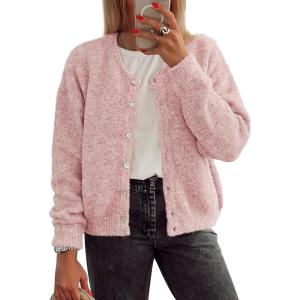 imageATHMILE Fall Long Sleeve Cardigans for Women Sweater Fashion Open Front Winter Button Down Crewneck Soft Knit Jacket 2025Pink