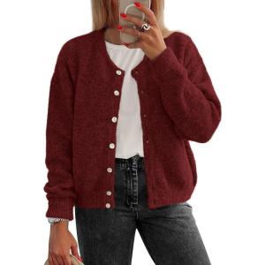 imageATHMILE Fall Long Sleeve Cardigans for Women Sweater Fashion Open Front Winter Button Down Crewneck Soft Knit Jacket 2025Wine Red