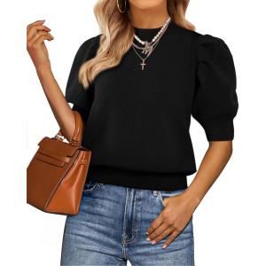imageATHMILE Short Sleeve Sweater for Women 2026 Spring Summer Blouses Crewneck Knit Puff Sleeve Dressy Casual Trendy ShirtsAblack