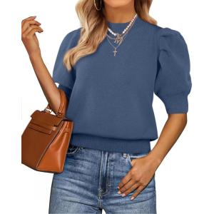 imageATHMILE Short Sleeve Sweater for Women 2026 Spring Summer Blouses Crewneck Knit Puff Sleeve Dressy Casual Trendy ShirtsAblue