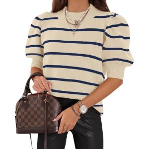 imageATHMILE Short Sleeve Sweater for Women 2026 Spring Summer Blouses Crewneck Knit Puff Sleeve Dressy Casual Trendy ShirtsAblue Stripe