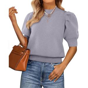 imageATHMILE Short Sleeve Sweater for Women 2026 Spring Summer Blouses Crewneck Knit Puff Sleeve Dressy Casual Trendy ShirtsAgray Blue
