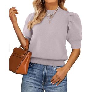 imageATHMILE Short Sleeve Sweater for Women 2026 Spring Summer Blouses Crewneck Knit Puff Sleeve Dressy Casual Trendy ShirtsAgreypurple