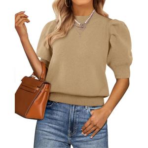 imageATHMILE Short Sleeve Sweater for Women 2026 Spring Summer Blouses Crewneck Knit Puff Sleeve Dressy Casual Trendy ShirtsAkhaki