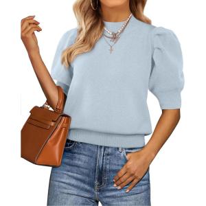 imageATHMILE Short Sleeve Sweater for Women 2026 Spring Summer Blouses Crewneck Knit Puff Sleeve Dressy Casual Trendy ShirtsAlight Blue