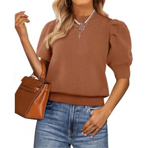 imageATHMILE Short Sleeve Sweater for Women 2026 Spring Summer Blouses Crewneck Knit Puff Sleeve Dressy Casual Trendy ShirtsAlight Orange