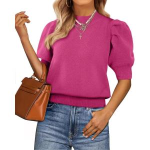 imageATHMILE Short Sleeve Sweater for Women 2026 Spring Summer Blouses Crewneck Knit Puff Sleeve Dressy Casual Trendy ShirtsAlight Pink