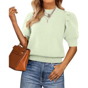 imageATHMILE Short Sleeve Sweater for Women 2026 Spring Summer Blouses Crewneck Knit Puff Sleeve Dressy Casual Trendy ShirtsAmint Green