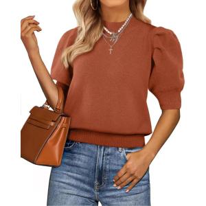 imageATHMILE Short Sleeve Sweater for Women 2026 Spring Summer Blouses Crewneck Knit Puff Sleeve Dressy Casual Trendy ShirtsAorange