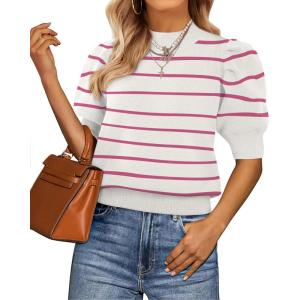 imageATHMILE Short Sleeve Sweater for Women 2026 Spring Summer Blouses Crewneck Knit Puff Sleeve Dressy Casual Trendy ShirtsAred Stripe