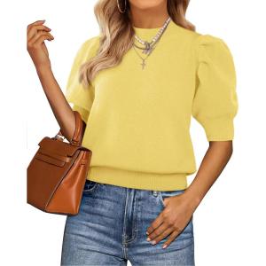 imageATHMILE Short Sleeve Sweater for Women 2026 Spring Summer Blouses Crewneck Knit Puff Sleeve Dressy Casual Trendy ShirtsAyellow