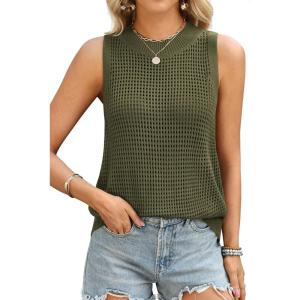imageATHMILE Summer Crochet Tank Tops for Women 2026 Casual Crewneck Hollow Out Loose Knit Sleeveless Sweater Vest Top TrendyArmy Green