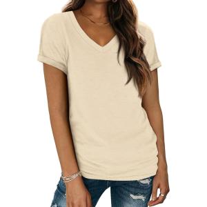 imageATHMILE T Shirts Short Sleeve V Neck Tees for Women Fashion Tops Trendy Lightweight Casual Summer Outfits Clothes 2026 BeachCream
