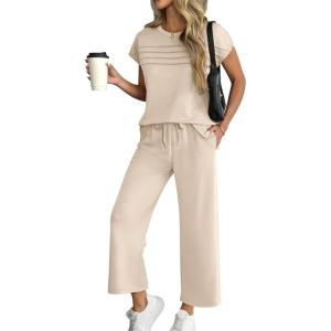 imageATHMILE Two Piece Sets for Women Cap Sleeve Lounge Matching Casual Outfits Wide Leg Pants Summer Vacation Travel OutfitsBeige