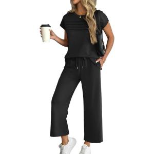 imageATHMILE Two Piece Sets for Women Cap Sleeve Lounge Matching Casual Outfits Wide Leg Pants Summer Vacation Travel OutfitsBlack