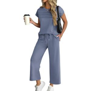 imageATHMILE Two Piece Sets for Women Cap Sleeve Lounge Matching Casual Outfits Wide Leg Pants Summer Vacation Travel OutfitsBlue