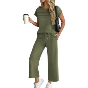 imageATHMILE Two Piece Sets for Women Cap Sleeve Lounge Matching Casual Outfits Wide Leg Pants Summer Vacation Travel OutfitsGreen