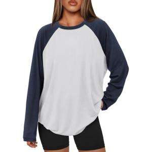 imageATHMILE Women Oversized Long Sleeve Shirt 2026 Fall Winter Casual Basics Top Loose Fit Tee Fashion Cute ClothesWhite Navy