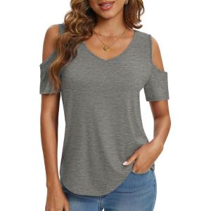 imageATHMILE Women Tops Cute Open Shoulder Blouse Summer Short Sleeve Tee ShirtGray