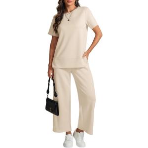 imageATHMILE Womens 2 Piece Lounge Set Fashion Travel Outfits Summer Beach Vacation Tracksuit Comfy Wide Leg Airport LoungewearApricot