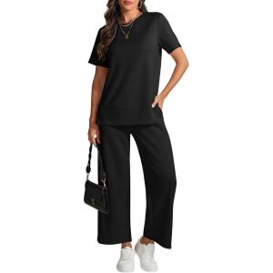 imageATHMILE Womens 2 Piece Lounge Set Fashion Travel Outfits Summer Beach Vacation Tracksuit Comfy Wide Leg Airport LoungewearBlack