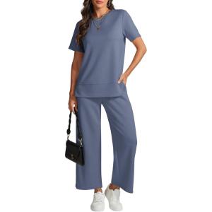 imageATHMILE Womens 2 Piece Lounge Set Fashion Travel Outfits Summer Beach Vacation Tracksuit Comfy Wide Leg Airport LoungewearBlue