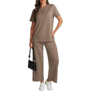 imageATHMILE Womens 2 Piece Lounge Set Fashion Travel Outfits Summer Beach Vacation Tracksuit Comfy Wide Leg Airport LoungewearKhaki