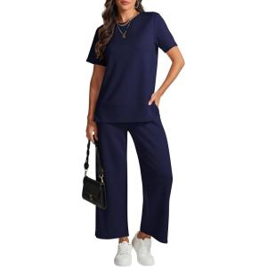 imageATHMILE Womens 2 Piece Lounge Set Fashion Travel Outfits Summer Beach Vacation Tracksuit Comfy Wide Leg Airport LoungewearNavy