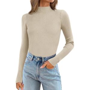 imageATHMILE Womens 2026 Fall Long Sleeve Pullover Ribbed Knit Sweater Low Mock Neck Slim Fit Basic Casual Tee TopsAlmond