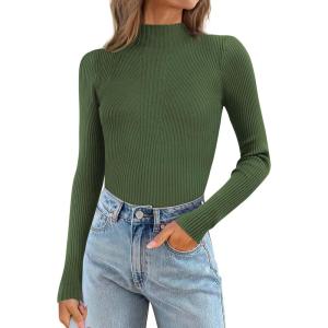 imageATHMILE Womens 2026 Fall Long Sleeve Pullover Ribbed Knit Sweater Low Mock Neck Slim Fit Basic Casual Tee TopsArmy Green