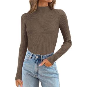 imageATHMILE Womens 2026 Fall Long Sleeve Pullover Ribbed Knit Sweater Low Mock Neck Slim Fit Basic Casual Tee TopsCoffee